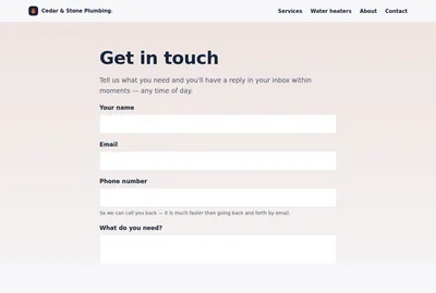 The example site's contact page, with the lead form.