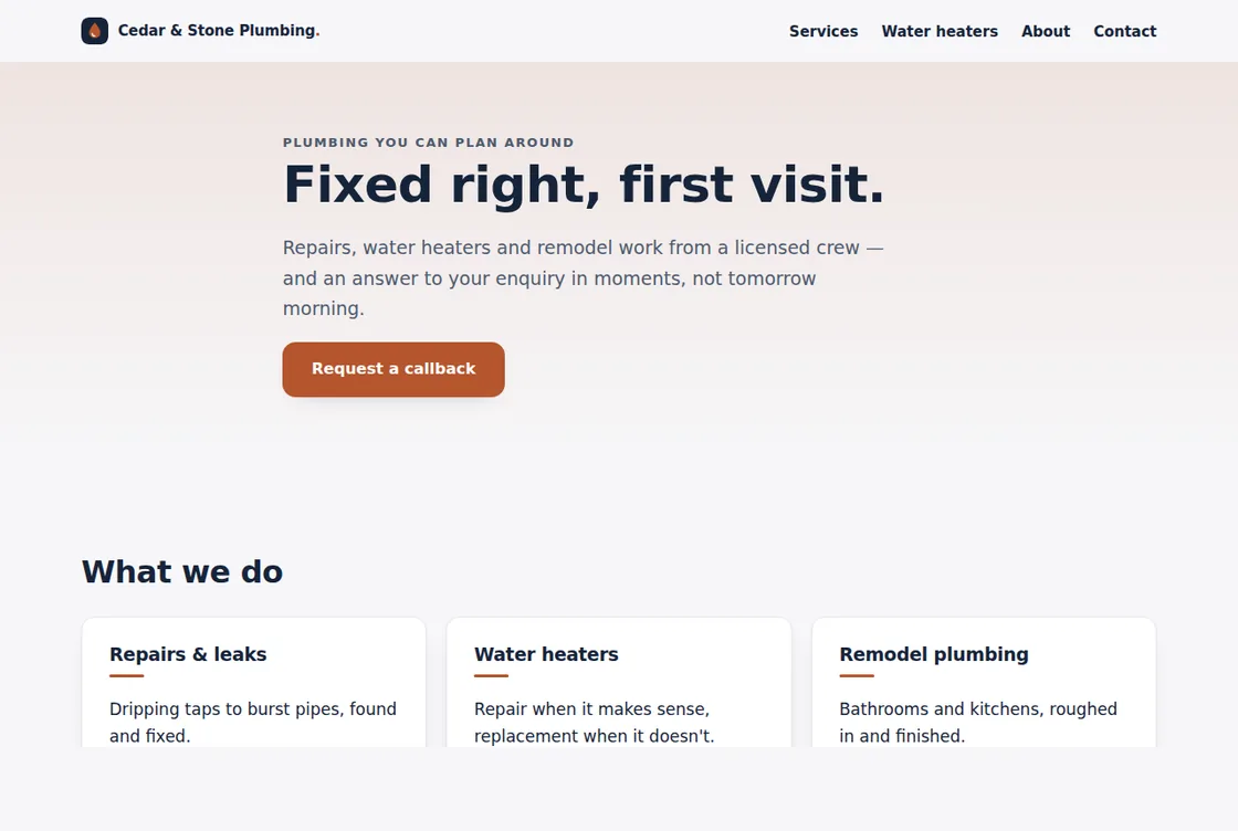 Example Standard build: home page for a fictional plumbing business, with its logo in the navigation, a five-page menu, headline, three service cards and a callback button.