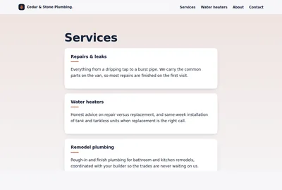The example plumbing site's services page.