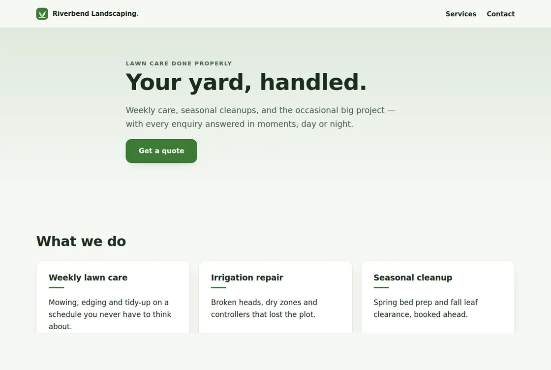 Example Starter build: home page for a fictional landscaping business, with its logo in the navigation, a headline, three service cards and a quote button.